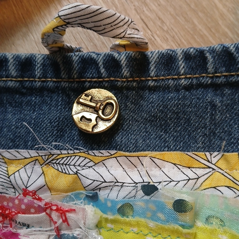 Upcycled Denim Crossbody Bag Handmade with Floral Trim Jeans Patchwork Trim - Picture 3 of 13